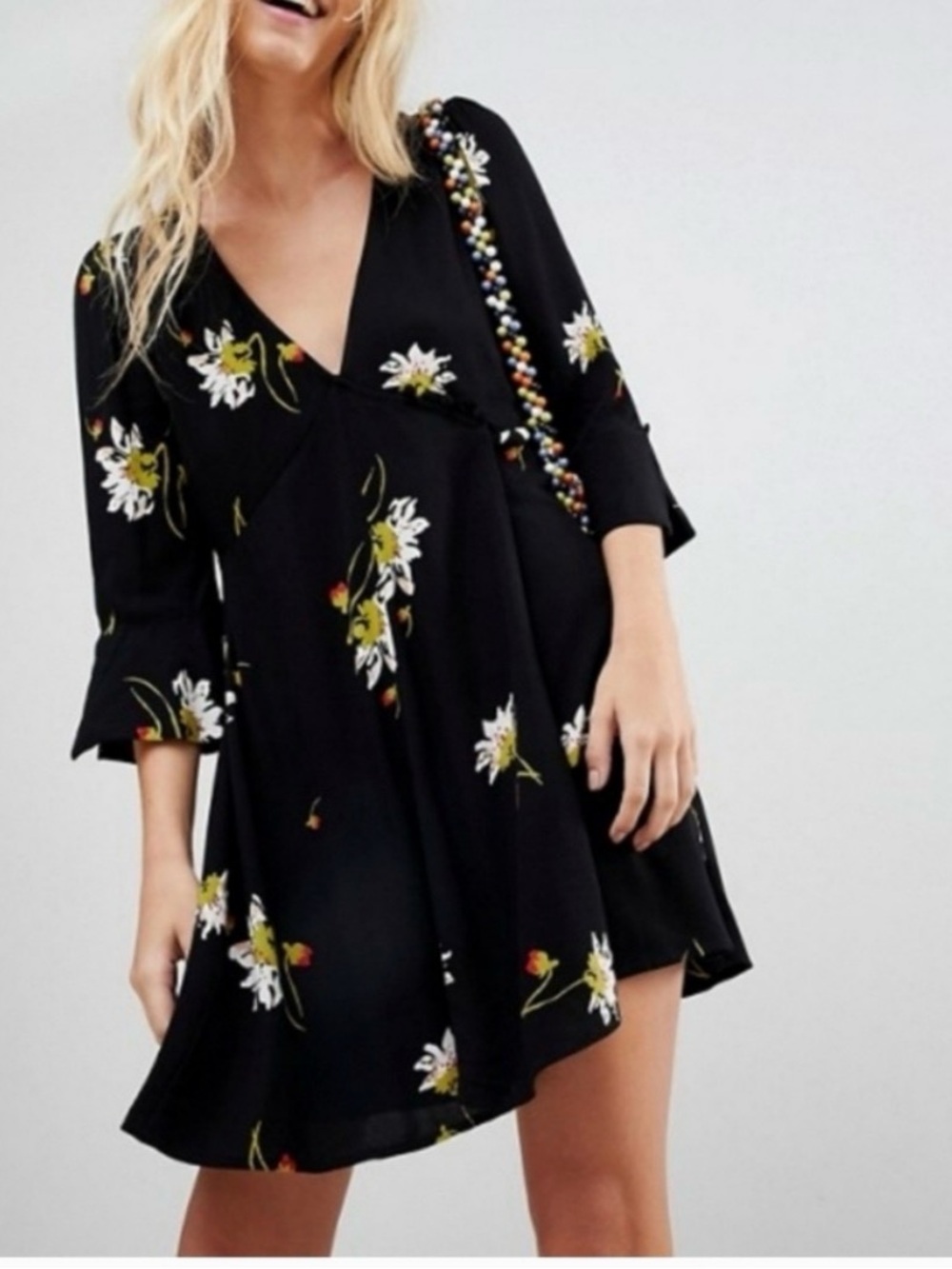 Free People Time On Side black floral mini wrap dress, medium - Picture 2 of 9